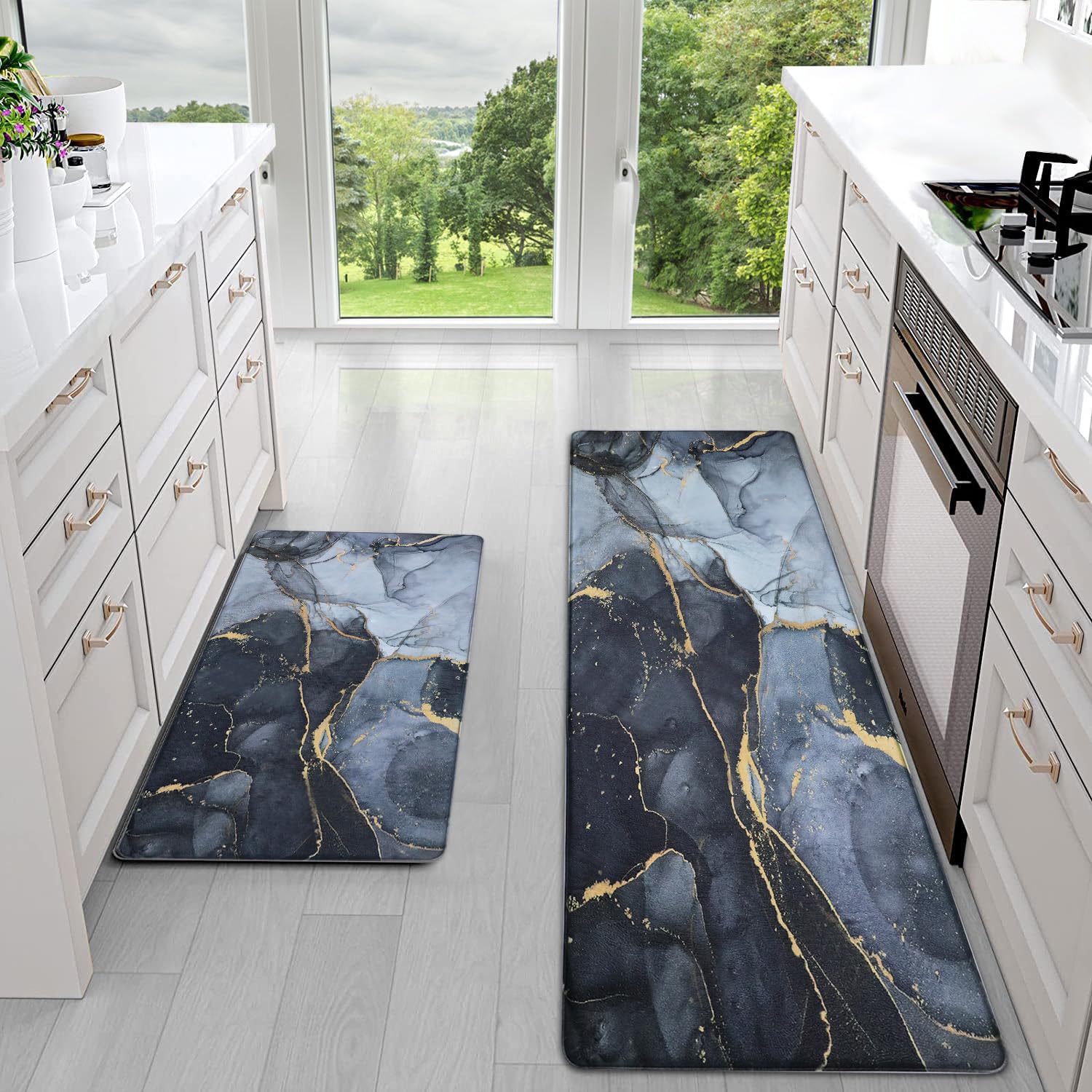 Sofort Anti Fatigue Kitchen Mats for Floor 2 Piece Set, Cushioned Memory Foam Kitchen Rug, Non Slip Waterproof Black and Gold Marble Kitchen Mat, Comfort Standing Mats for Kitchen, Laundry, Office