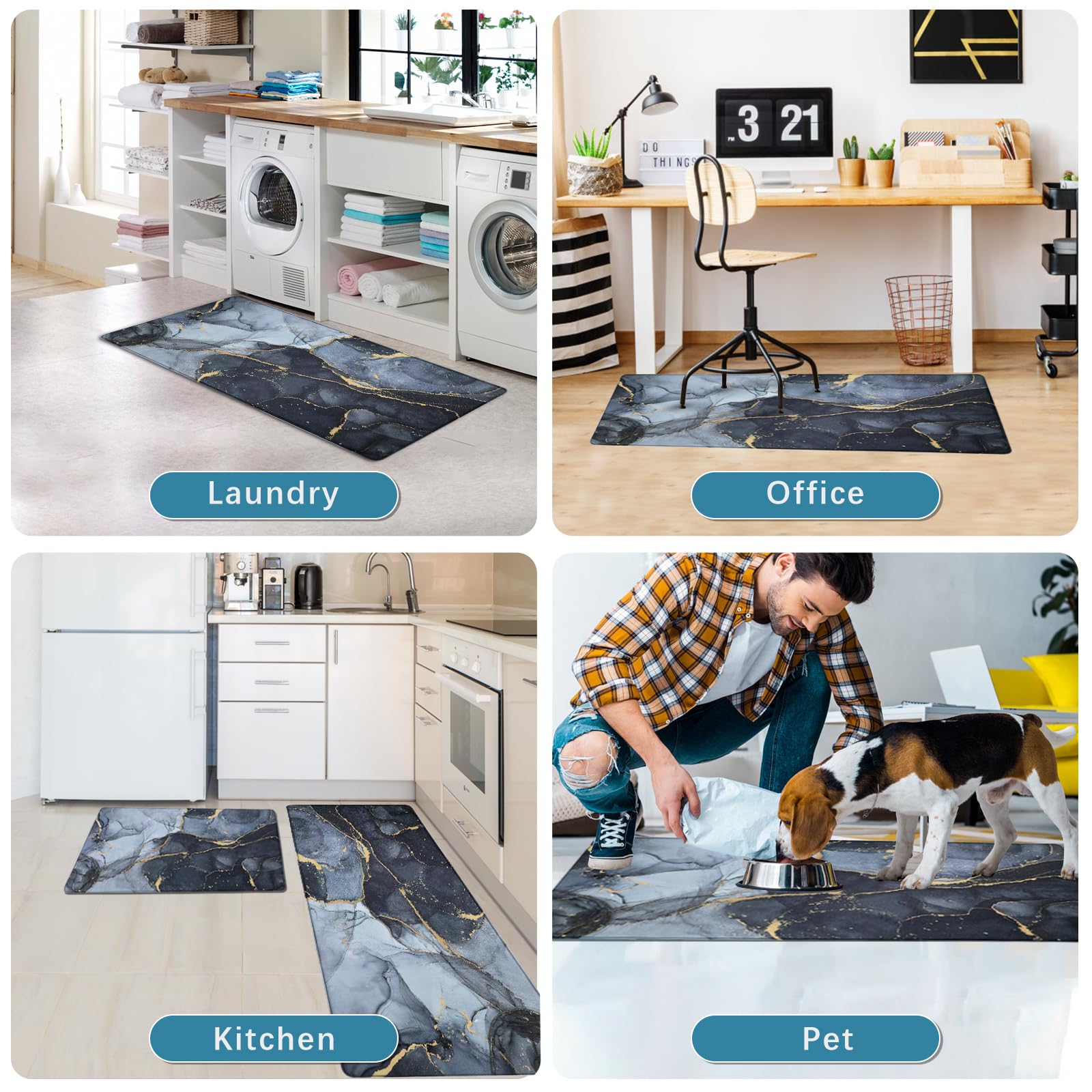 Sofort Anti Fatigue Kitchen Mats for Floor 2 Piece Set, Cushioned Memory Foam Kitchen Rug, Non Slip Waterproof Black and Gold Marble Kitchen Mat, Comfort Standing Mats for Kitchen, Laundry, Office