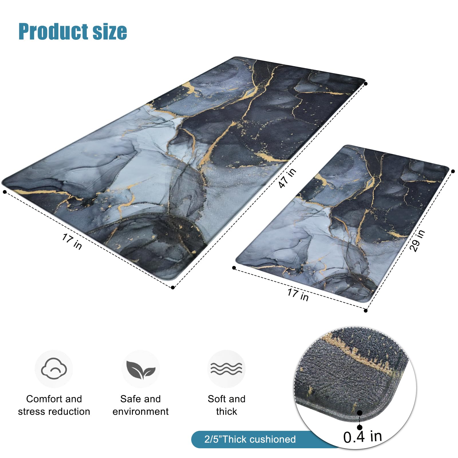 Sofort Anti Fatigue Kitchen Mats for Floor 2 Piece Set, Cushioned Memory Foam Kitchen Rug, Non Slip Waterproof Black and Gold Marble Kitchen Mat, Comfort Standing Mats for Kitchen, Laundry, Office