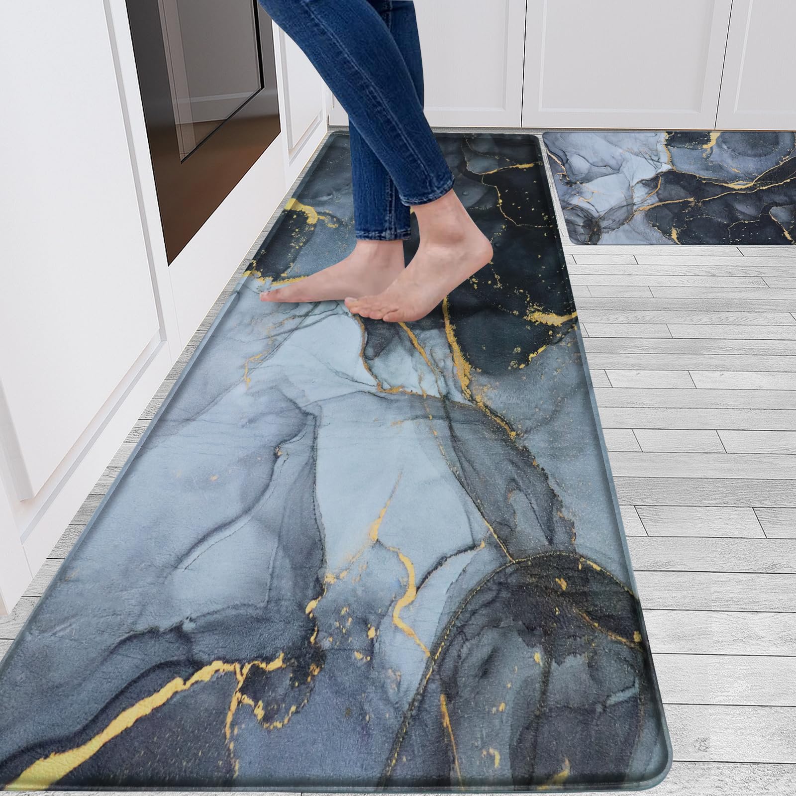 Sofort Anti Fatigue Kitchen Mats for Floor 2 Piece Set, Cushioned Memory Foam Kitchen Rug, Non Slip Waterproof Black and Gold Marble Kitchen Mat, Comfort Standing Mats for Kitchen, Laundry, Office