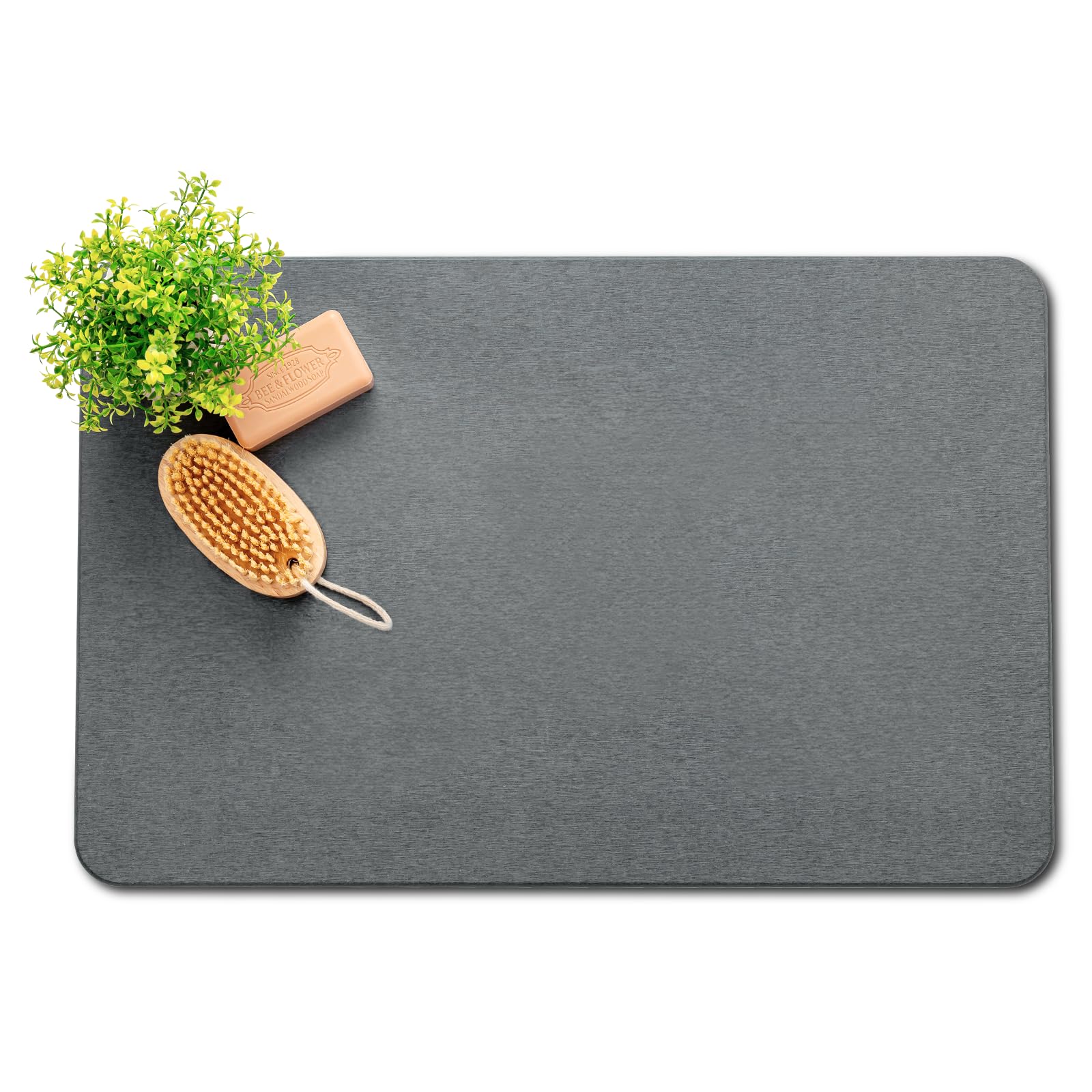 Plentio Stone Bath Mat, Non-Slip Natural Diatomaceous Earth Bath Mat, 23.5" x 15.5" Super Absorbent Quick Drying, Multifunctional Eco-Friendly Bath Stone Mat, Easy to Clean, Dark Gray