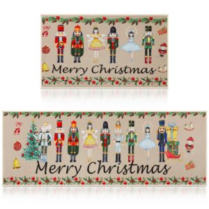 tinideya 2 pcs christmas nutcrackers merry christmas decorative kitchen mats watercolor holiday doormat outdoor non slip kitchen rugs for outdoor floor bathroom holiday, 17 x 29 inch and 17 x 47 inch