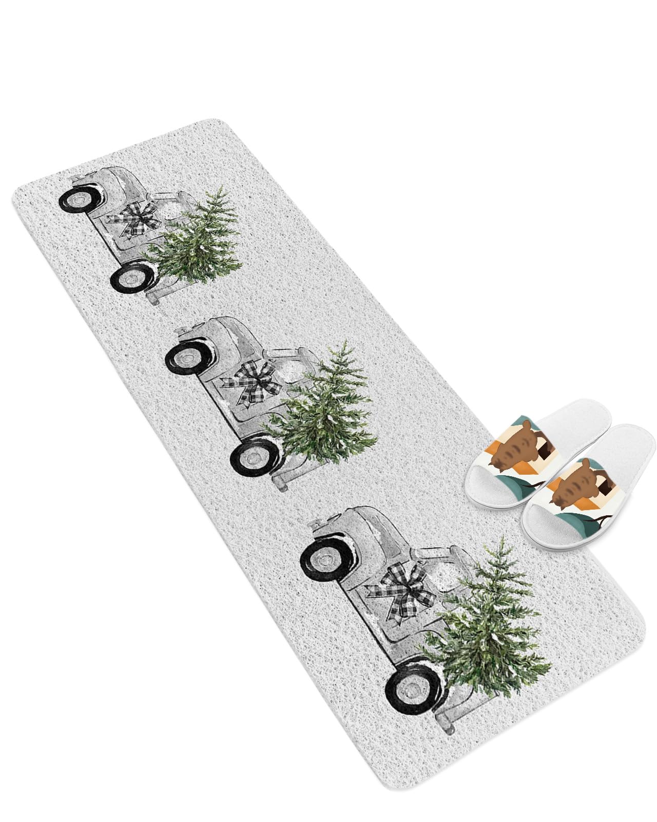 Shower Mat Non Slip Bathtub Mat Christmas Truck with Xmas Tree Grey Bath Mat Soft Loofah Shower Mats for Shower Tub Bathroom Quick Drying Foot Mat, 16x47 Inch