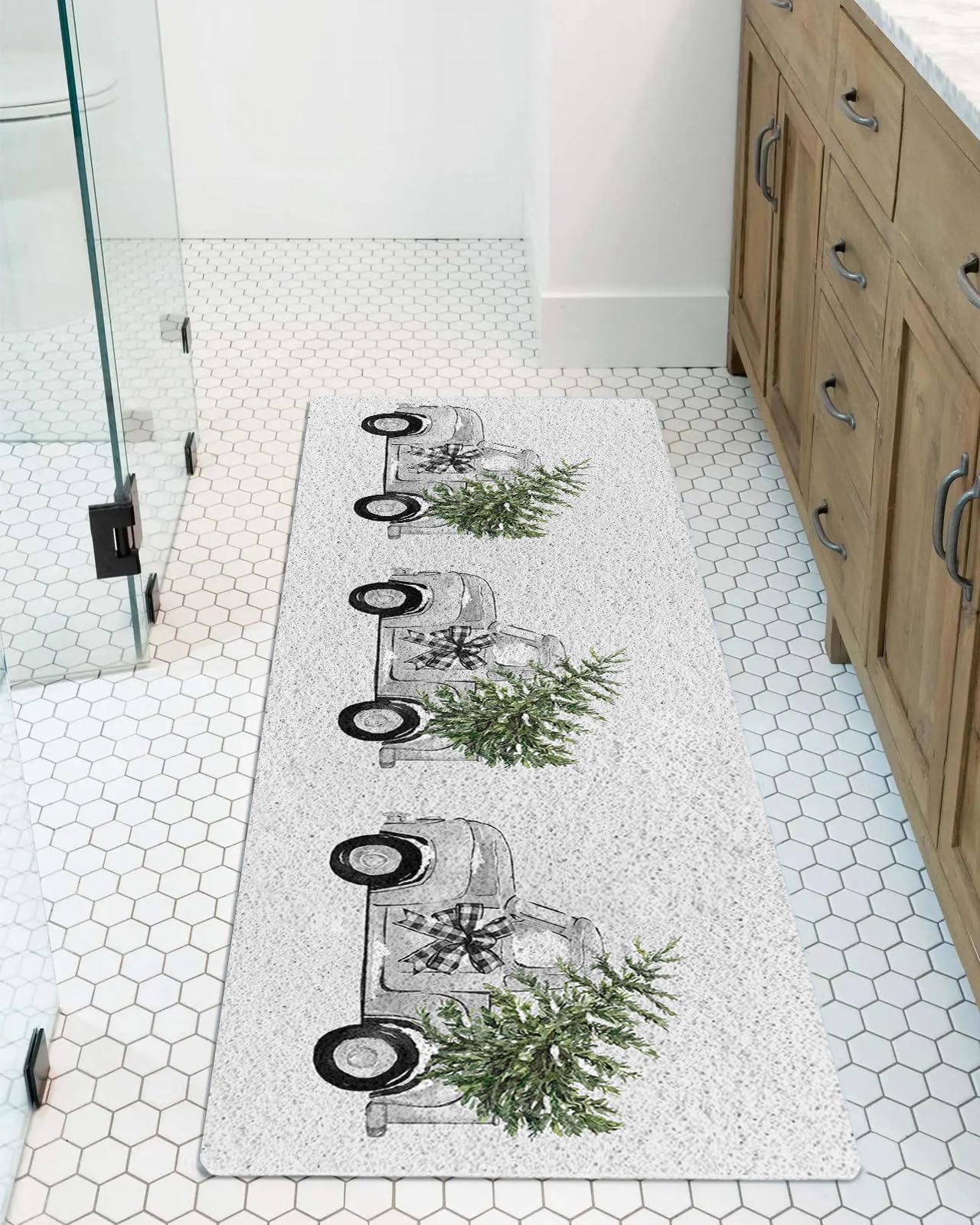 Shower Mat Non Slip Bathtub Mat Christmas Truck with Xmas Tree Grey Bath Mat Soft Loofah Shower Mats for Shower Tub Bathroom Quick Drying Foot Mat, 16x47 Inch