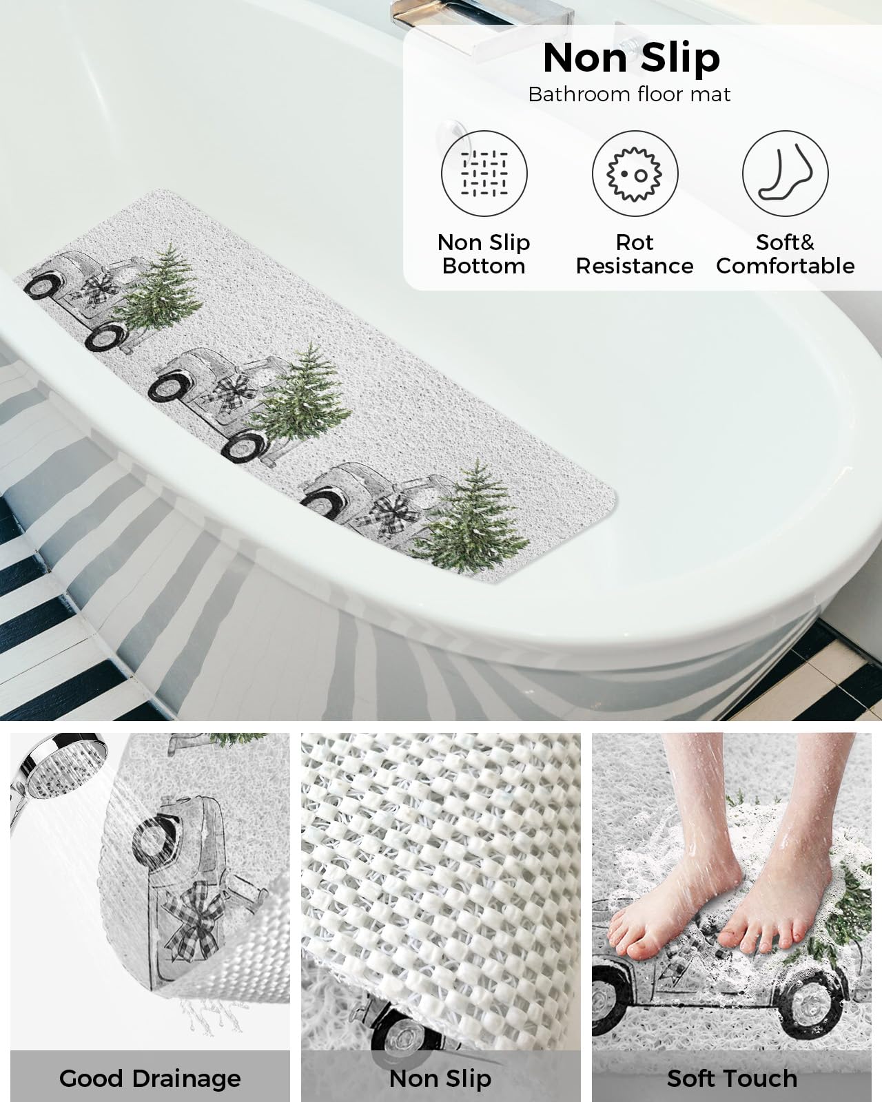 Shower Mat Non Slip Bathtub Mat Christmas Truck with Xmas Tree Grey Bath Mat Soft Loofah Shower Mats for Shower Tub Bathroom Quick Drying Foot Mat, 16x47 Inch