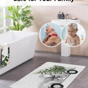 Shower Mat Non Slip Bathtub Mat Christmas Truck with Xmas Tree Grey Bath Mat Soft Loofah Shower Mats for Shower Tub Bathroom Quick Drying Foot Mat, 16x47 Inch