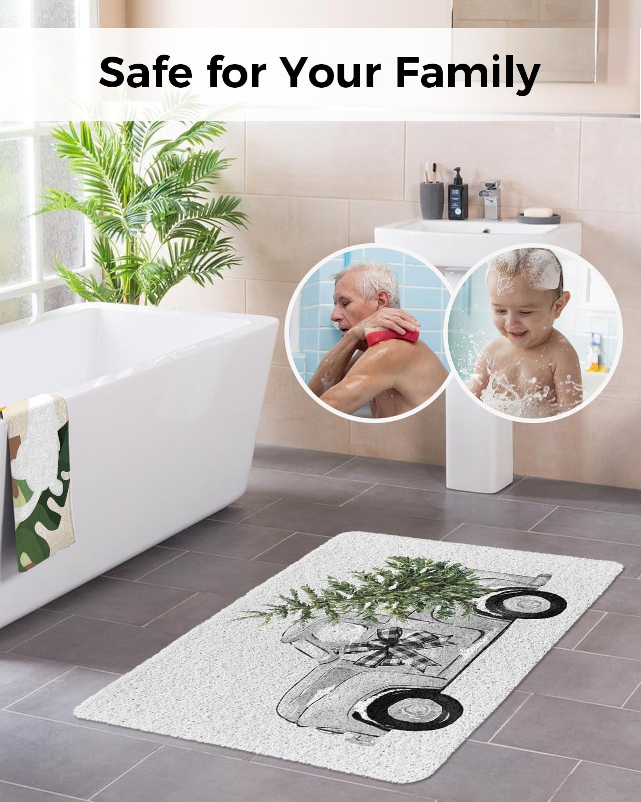 Shower Mat Non Slip Bathtub Mat Christmas Truck with Xmas Tree Grey Bath Mat Soft Loofah Shower Mats for Shower Tub Bathroom Quick Drying Foot Mat, 16x47 Inch