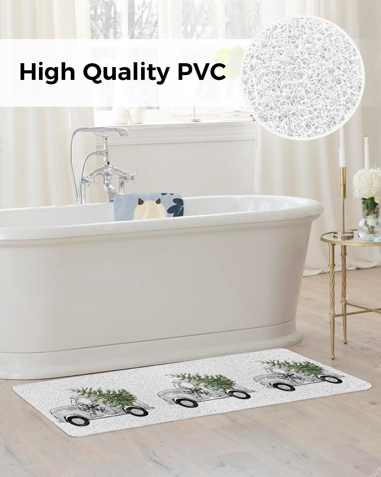 Shower Mat Non Slip Bathtub Mat Christmas Truck with Xmas Tree Grey Bath Mat Soft Loofah Shower Mats for Shower Tub Bathroom Quick Drying Foot Mat, 16x47 Inch