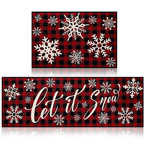 Ceenna 2 Pcs Christmas Decorative Kitchen Doormat Let It Snow Doormat Set Merry Christmas Doormat Washable Non Slip Floor Rugs Red and Black Buffalo Plaid Floor Mat for Front Porch Door Bathroom