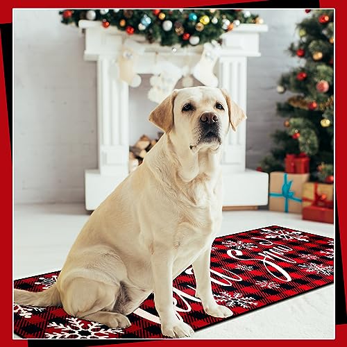 Ceenna 2 Pcs Christmas Decorative Kitchen Doormat Let It Snow Doormat Set Merry Christmas Doormat Washable Non Slip Floor Rugs Red and Black Buffalo Plaid Floor Mat for Front Porch Door Bathroom