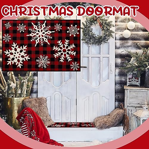 Ceenna 2 Pcs Christmas Decorative Kitchen Doormat Let It Snow Doormat Set Merry Christmas Doormat Washable Non Slip Floor Rugs Red and Black Buffalo Plaid Floor Mat for Front Porch Door Bathroom