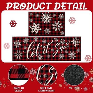 Ceenna 2 Pcs Christmas Decorative Kitchen Doormat Let It Snow Doormat Set Merry Christmas Doormat Washable Non Slip Floor Rugs Red and Black Buffalo Plaid Floor Mat for Front Porch Door Bathroom