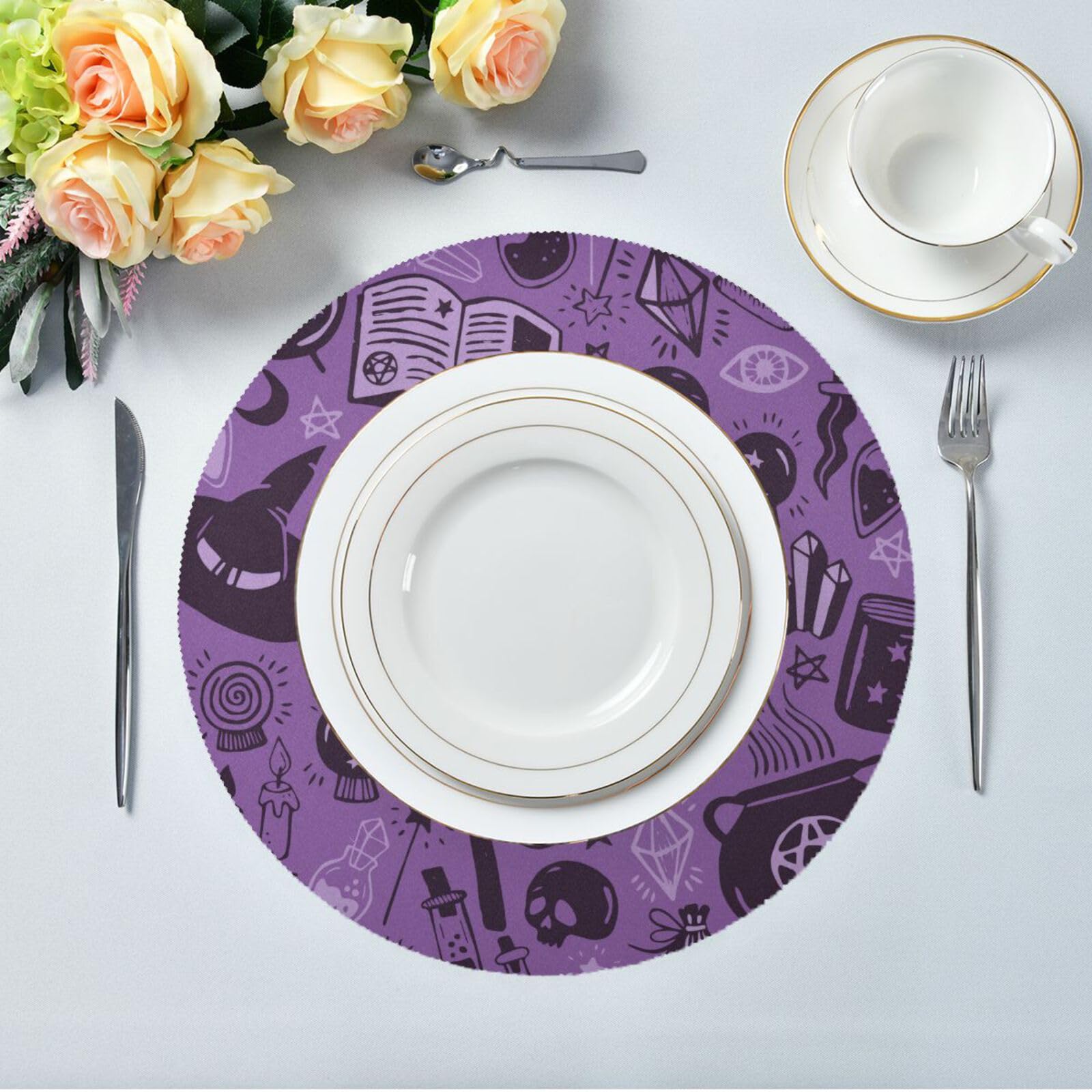 Nesatuwa Halloween Witch Round Placemats Set of 1 Table Mats for Kitchen Washable Non-Slip Place Mats Heat Resistant Place Mats for Kitchen Dining Table Decoration