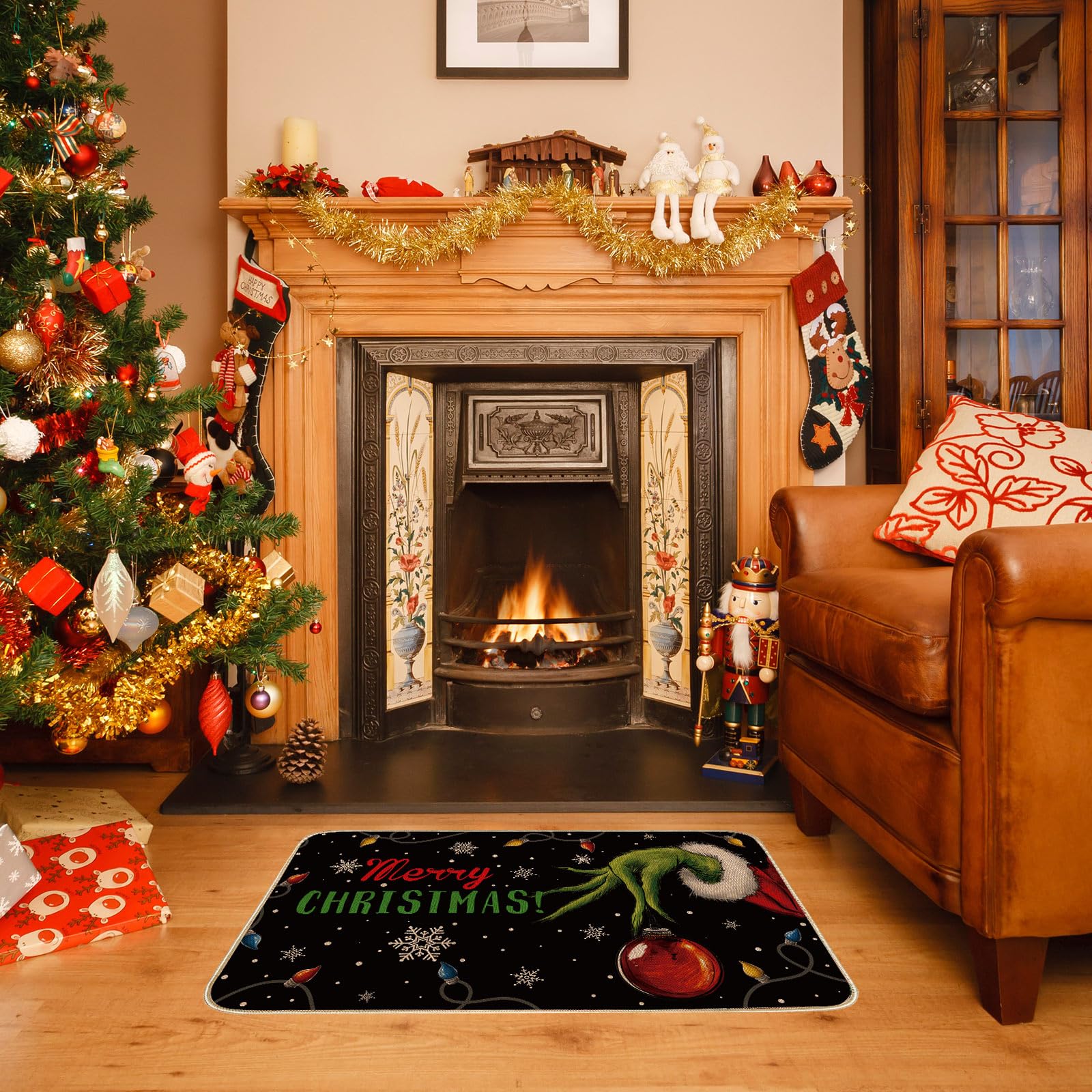 AnyDesign Christmas Doormat Red Green Merry Christmas Front Door Mat Xmas Winter Holiday Decorative Non Slip Rectangle Rugs Floor Mat for Xmas Indoor Outdoor Entrance Floor Porch Supplies