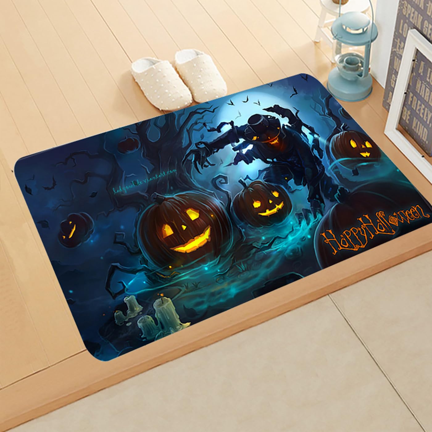 QOCAOFIG Halloween Funny Decoration Door Mat, Skull Indoor/Outdoor Entrance Floor Doormat, Non Slip Halloween Decor Rubber Welcome Mats- (16 * 24, Green Pumpkin)