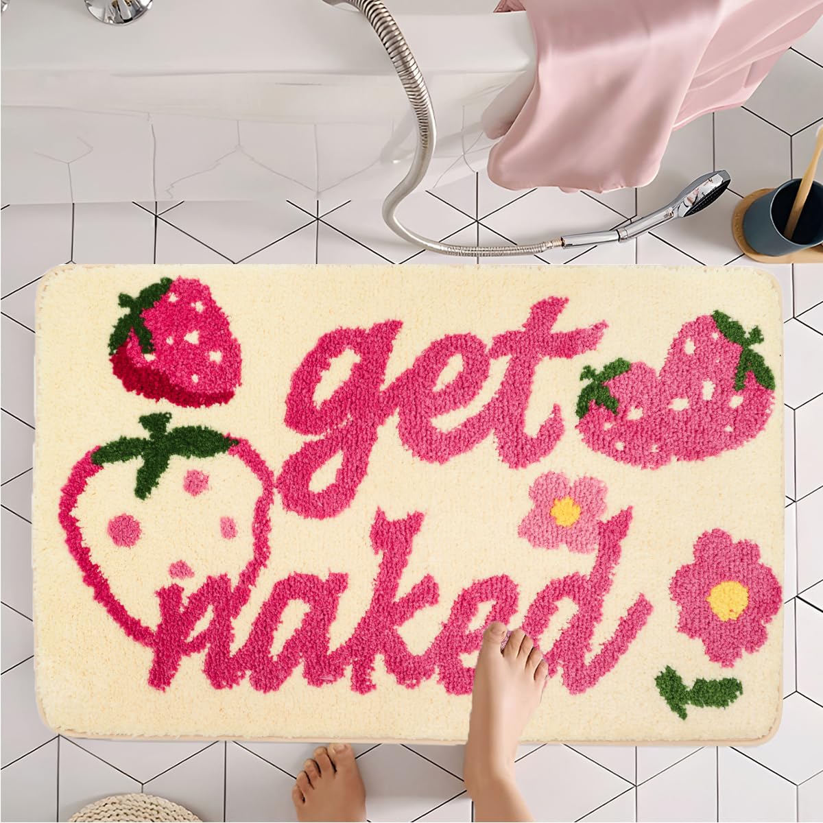 Enhopty Get Naked Bath Mat Strawberry Flower Bathroom Rugs Fun Cute Door Mat Non Slip Microfiber Absorbent Shower Rugs for Home Tub Bedroom…