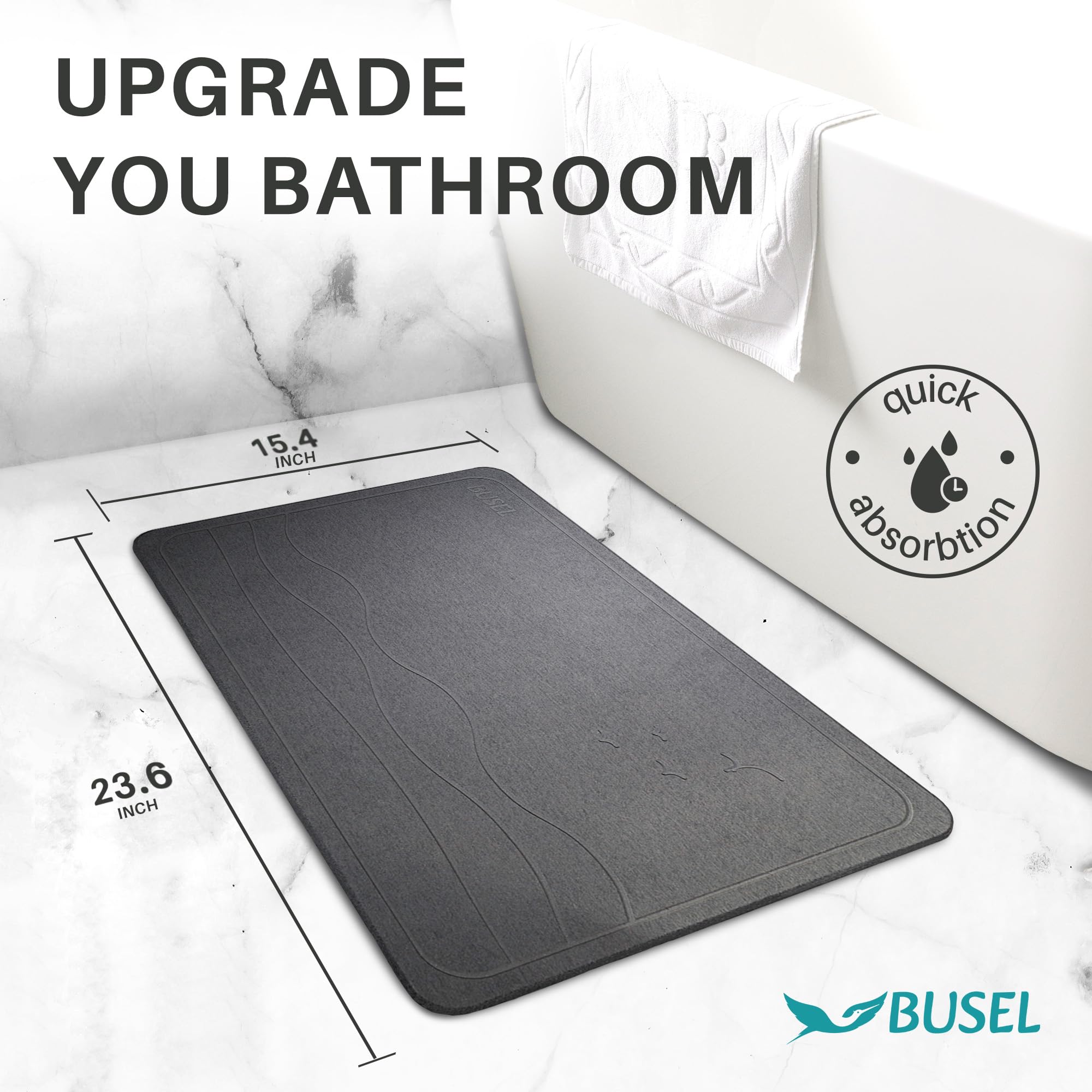 BUSEL Premium Stone Bath Mat, Diatomaceous Earth Bath Mat Stone, Non-Slip, Dry Fast Solid Super Absorbent Stone Bath Mats for Bathroom, Kitchen,Shower (Dark Grey) 23.6 x15.4 inch