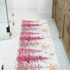 Shower Mat Non Slip Bathtub Mat Pink Christmas Xmas Tree Golden Snowflake Bath Mat Soft Loofah Shower Mats for Shower Tub Bathroom Quick Drying Foot Mat, 16x36 Inch