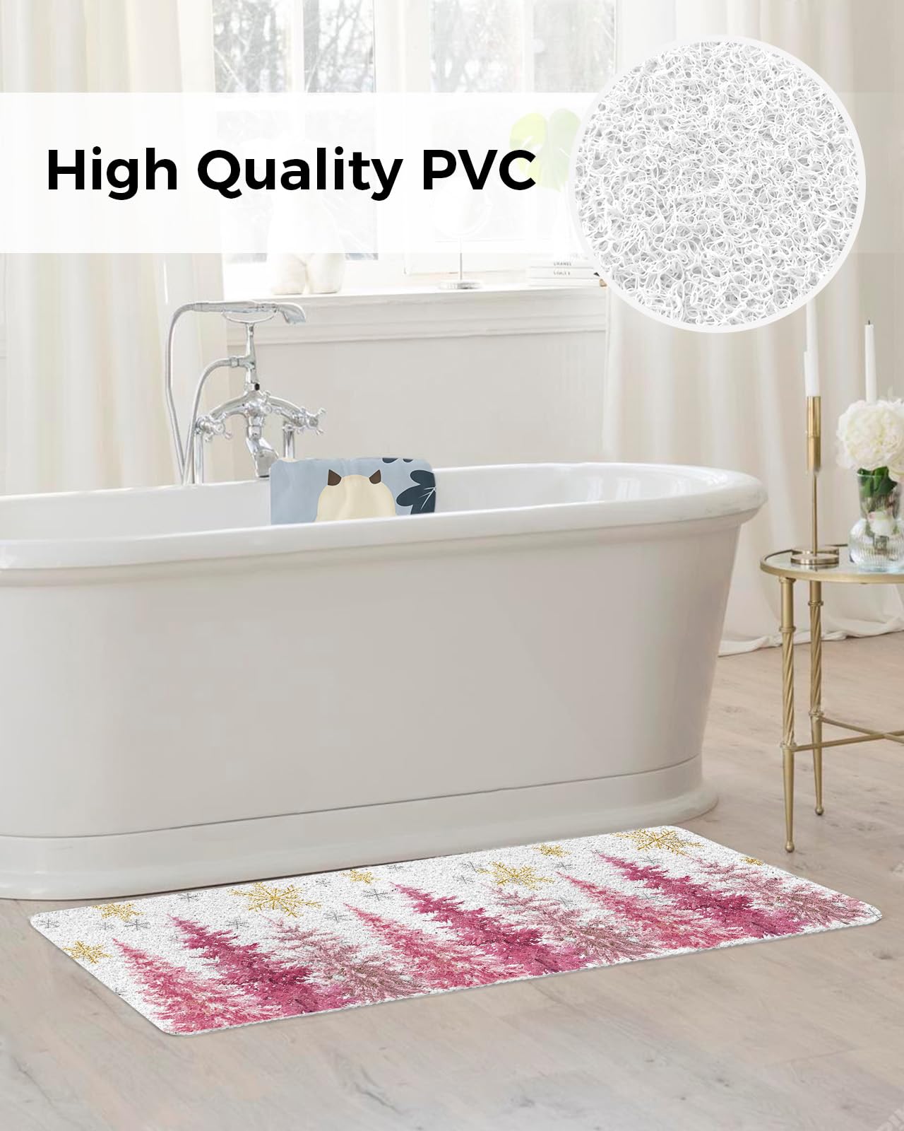 Shower Mat Non Slip Bathtub Mat Pink Christmas Xmas Tree Golden Snowflake Bath Mat Soft Loofah Shower Mats for Shower Tub Bathroom Quick Drying Foot Mat, 16x36 Inch