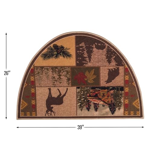 Cozy Floor Mats Fireplace Hearth Rug, Nature Cottage Bear Deer Elk, 26"x 39" Brown Beige Green Red, Half Circle, Fire Heat Resistant Mat, Half Moon Shape, Non Slip Kitchen Rug, Cabin Lodge 2'2"x 3'3"