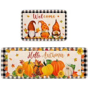 Svepndic Set of 2 Fall Decorative Kitchen and Mats,Hello Fall Pumpkin Maple Leaves Kitchen Rugs,Buffalo Plaid Autumn Non-Slip Doormats for Outdoor Indoor Thanksgiving Kitchen Decor