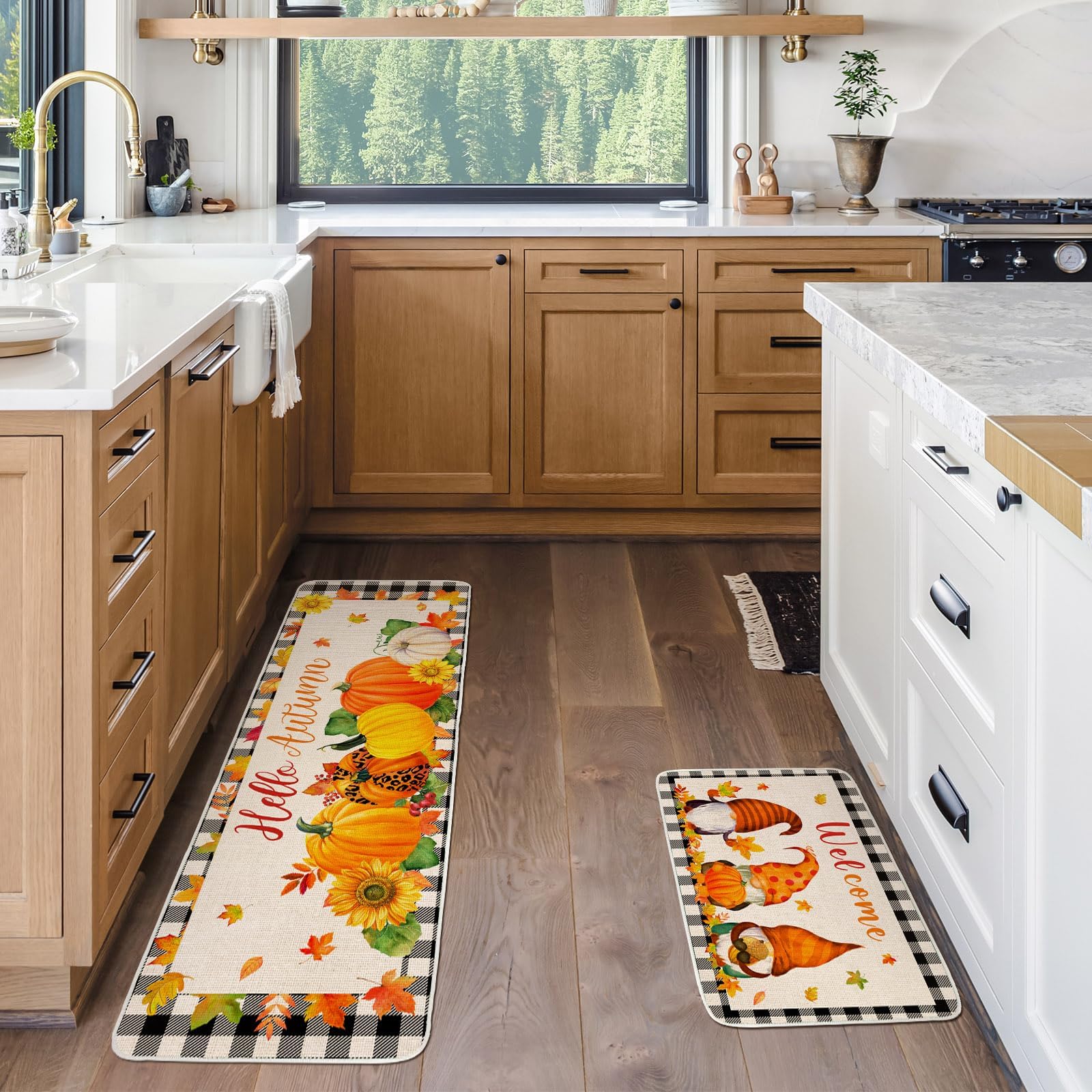 Svepndic Set of 2 Fall Decorative Kitchen and Mats,Hello Fall Pumpkin Maple Leaves Kitchen Rugs,Buffalo Plaid Autumn Non-Slip Doormats for Outdoor Indoor Thanksgiving Kitchen Decor