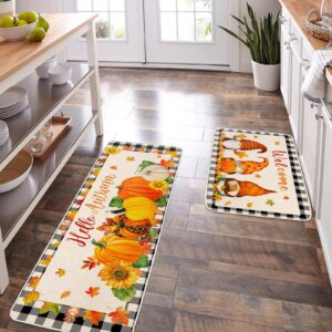 Svepndic Set of 2 Fall Decorative Kitchen and Mats,Hello Fall Pumpkin Maple Leaves Kitchen Rugs,Buffalo Plaid Autumn Non-Slip Doormats for Outdoor Indoor Thanksgiving Kitchen Decor