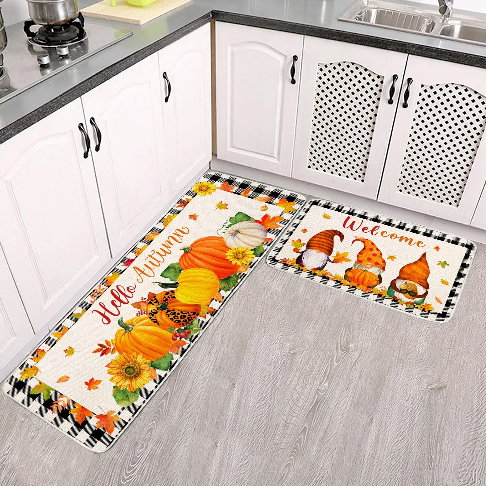 Svepndic Set of 2 Fall Decorative Kitchen and Mats,Hello Fall Pumpkin Maple Leaves Kitchen Rugs,Buffalo Plaid Autumn Non-Slip Doormats for Outdoor Indoor Thanksgiving Kitchen Decor