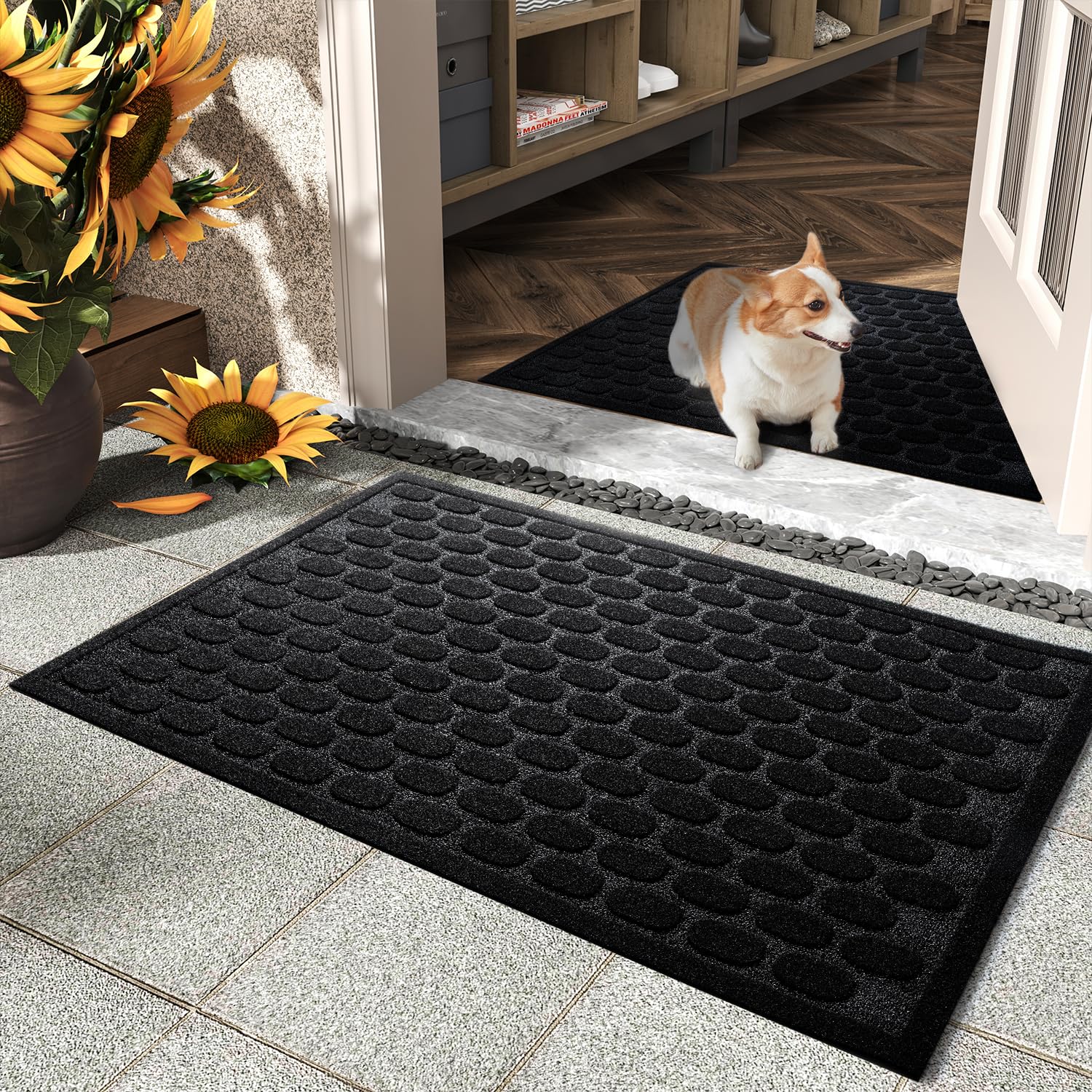 AMOAMI-Door Mat Outdoor Indoor Entrance-Front Door Mat Durable Rubber Backed Non Slip Absorbent Indoor Outdoor Doormat for Outside Inside Entry Entryway-Dirt Trapper Welcome Mat-Black 17”x30”