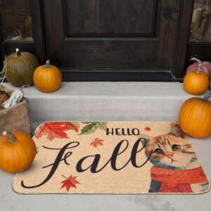 Sawowkuya Hello Fall Door Mat 30 X 17 Inch Fall Cat Doormat Indoor Outdoor Entrance Floor Mat Non Slip Autumn Thanksiving Decor Rubber Welcome Mats