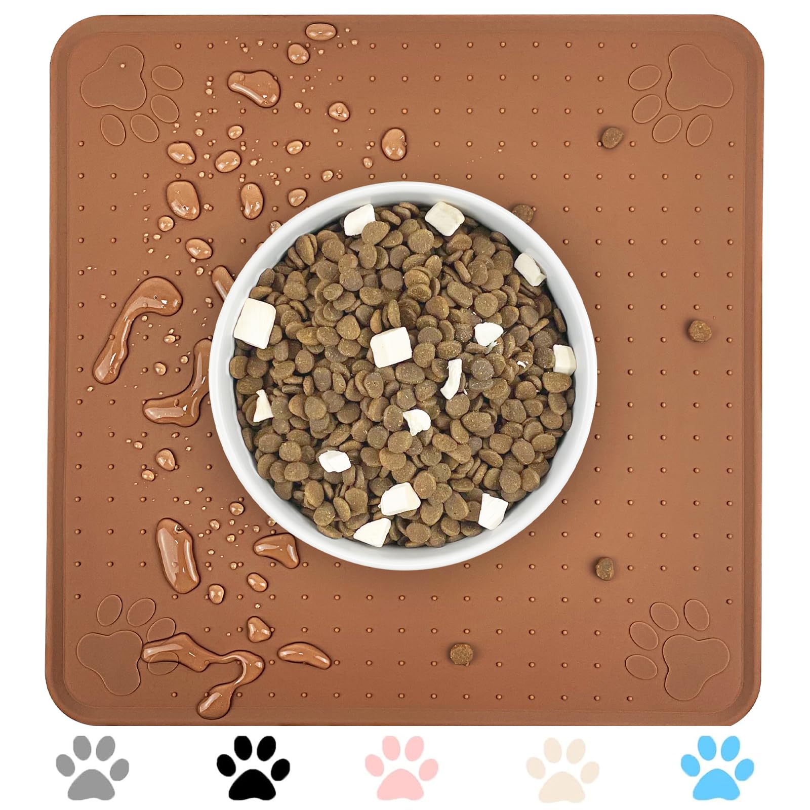 Ptlom Pet Placemat for Dog and Cat, Waterproof Non-Slip Dogs Bowl Mat Prevent Food and Water Overflow, Puppy Dish Feeding Mats Suitable for Medium and Small Pets, Silicone (13" *13", Brown)