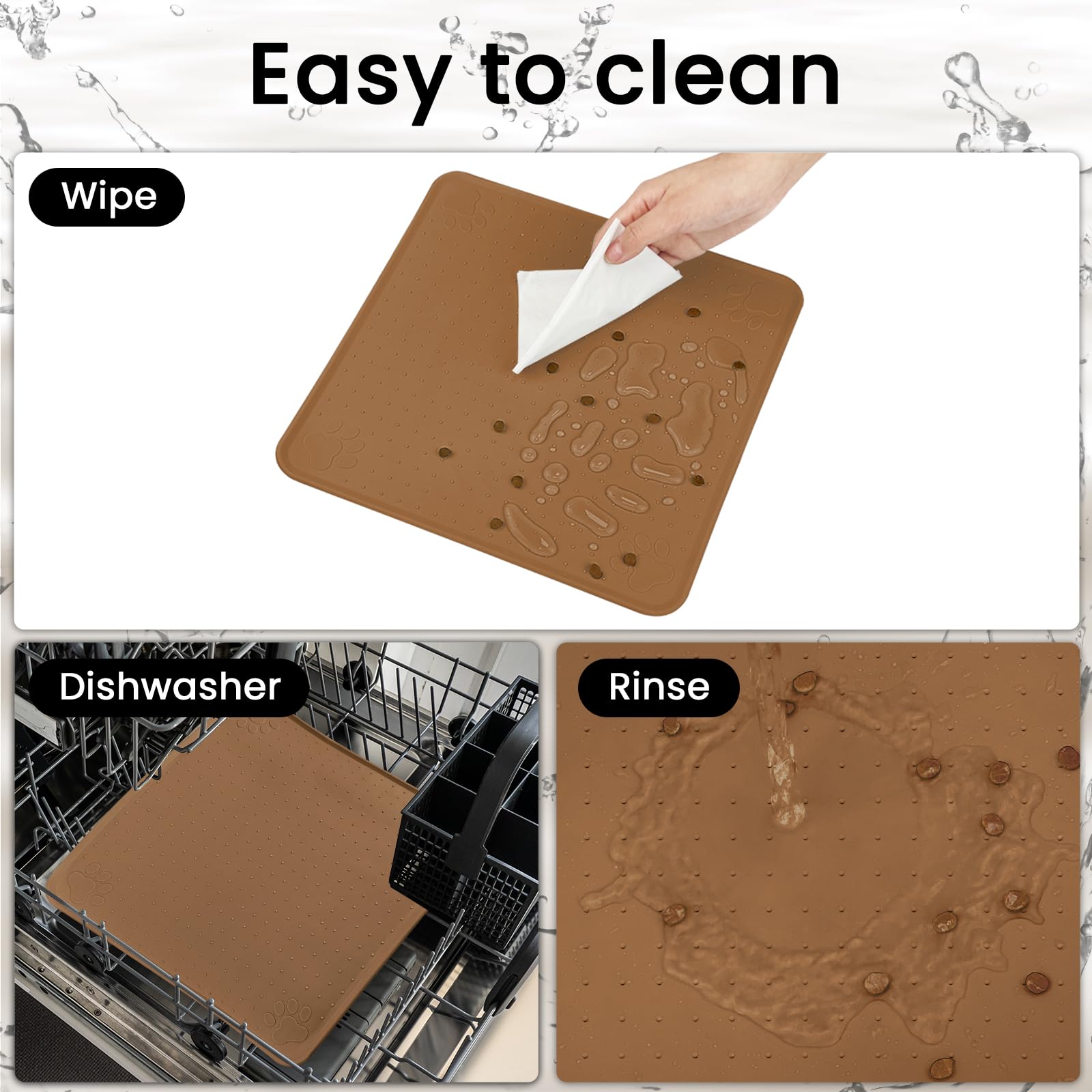 Ptlom Pet Placemat for Dog and Cat, Waterproof Non-Slip Dogs Bowl Mat Prevent Food and Water Overflow, Puppy Dish Feeding Mats Suitable for Medium and Small Pets, Silicone (13" *13", Brown)