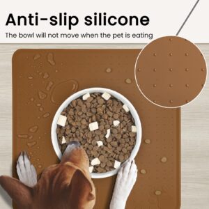 Ptlom Pet Placemat for Dog and Cat, Waterproof Non-Slip Dogs Bowl Mat Prevent Food and Water Overflow, Puppy Dish Feeding Mats Suitable for Medium and Small Pets, Silicone (13" *13", Brown)