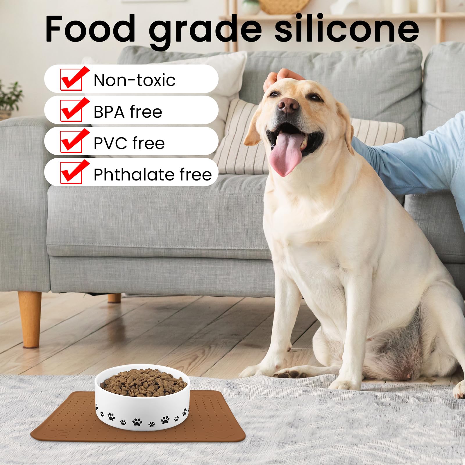 Ptlom Pet Placemat for Dog and Cat, Waterproof Non-Slip Dogs Bowl Mat Prevent Food and Water Overflow, Puppy Dish Feeding Mats Suitable for Medium and Small Pets, Silicone (13" *13", Brown)