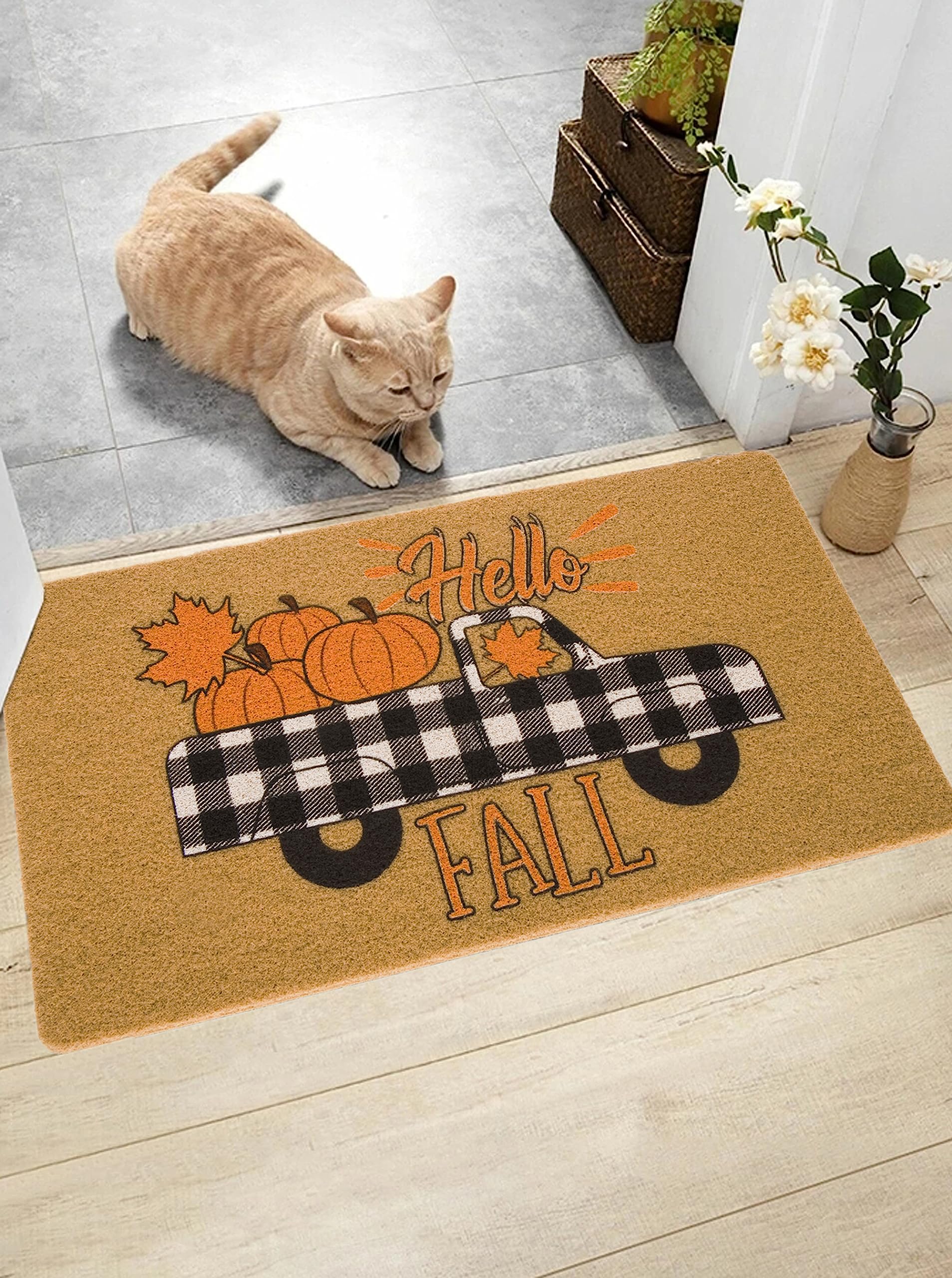 CaySep Welcome Fall Farm Pumpkin Truck Door Mats - Home Fall Decorative Doormat for Outdoor Entrance Non Slip Rubber Mat (Pumpkin)