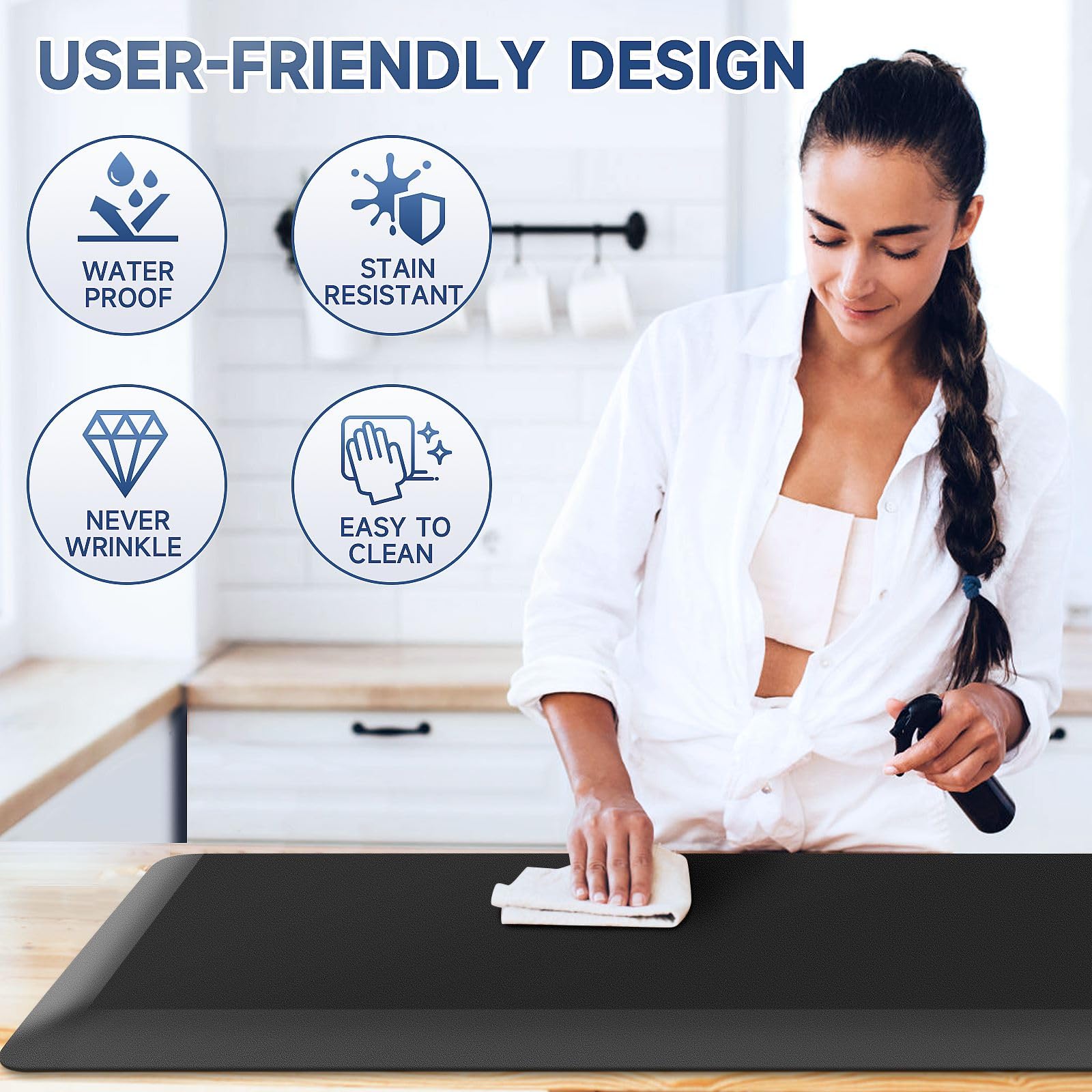 4/5 Inch Thick Kitchen Mat 【2PCS】 Anti Fatigue Mat Kitchen Rugs Kitchen Decor Non-Slip, Stain Resistant, Waterproof Kitchen Mats Desk Mat for Kitchen, Office, Workshop, Black, 17'' x 39''