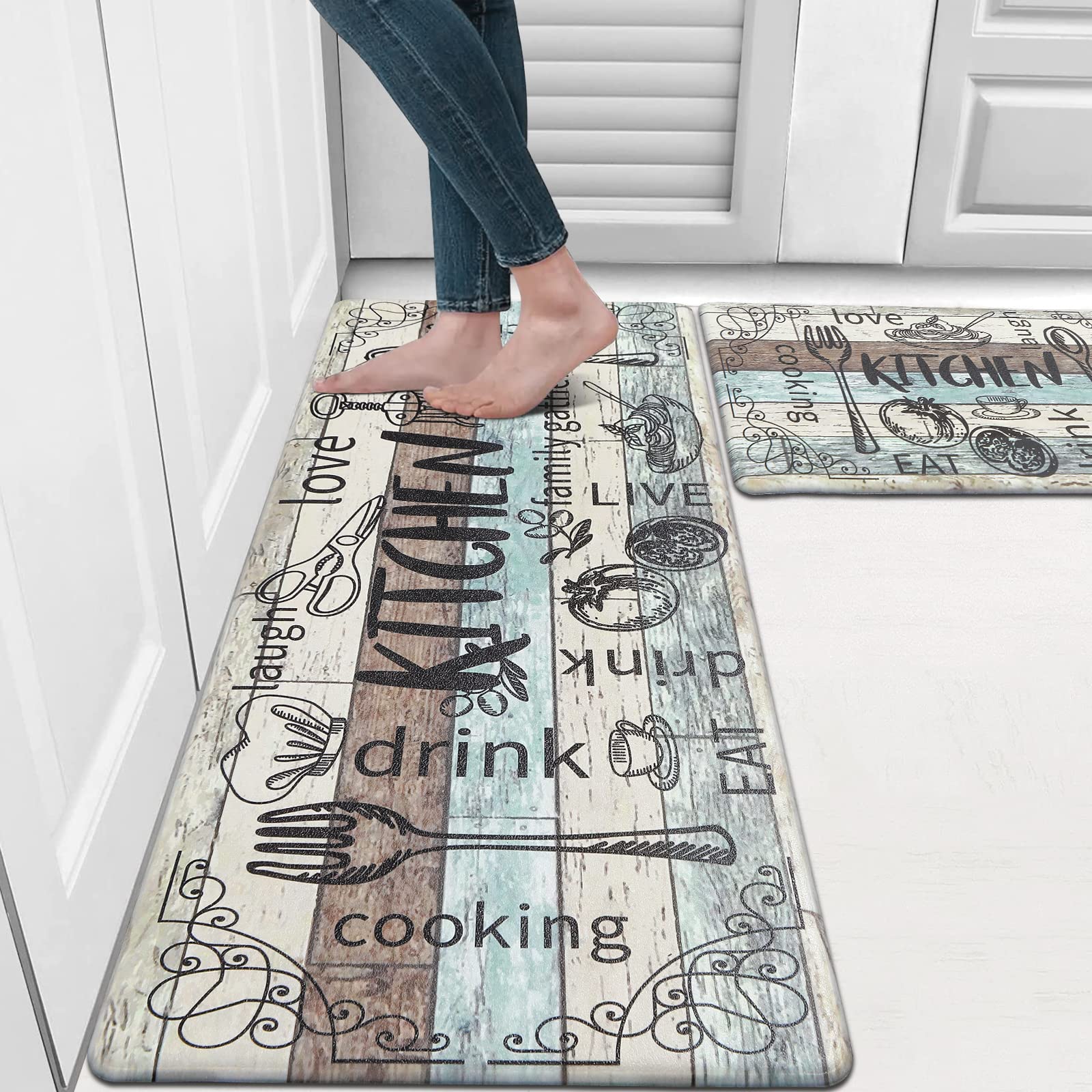 HEBE Anti Fatigue Kitchen Rug Set of 2 Non Slip Cushioned Kitchen Mats for Floor Waterproof Comfort Kitchen Rugs and Mats Farmhouse Chef Mats Floor Carpet for Sink,Laundry Room