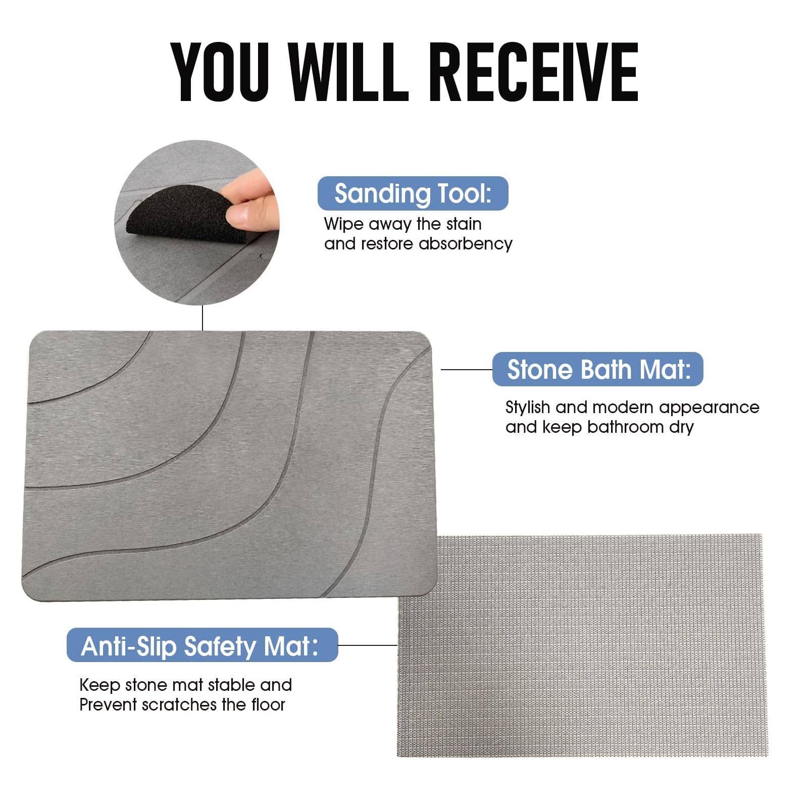 Stone Bath Mat, Diatomaceous Earth Bath Mat Non-Slip Super Absorbent Quick Drying Bathroom Floor Mat Stone Shower Mat, Natural, Easy to Clean (23.6" x 15.7", Dark Grey)