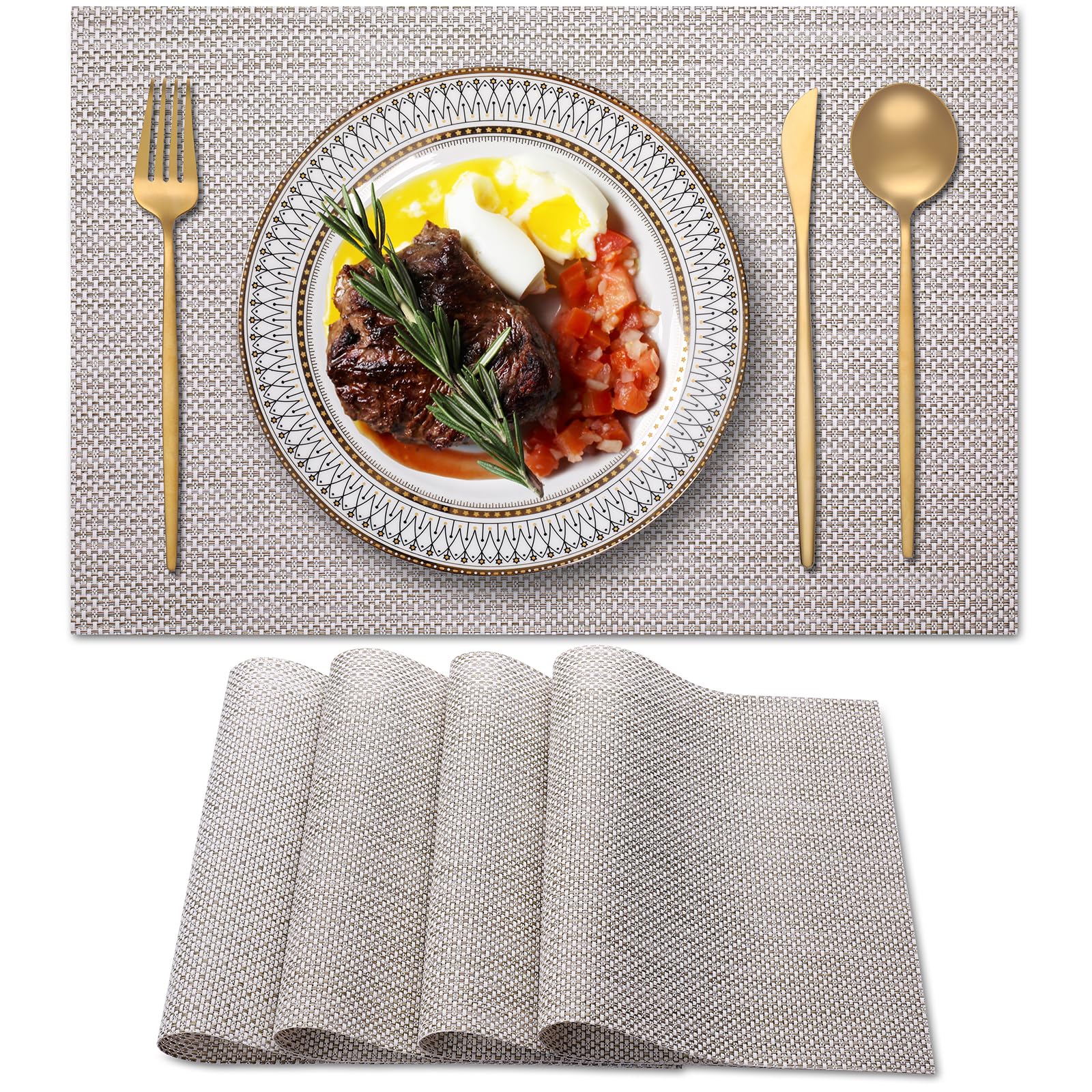 Blibalaskr Placemats, Table Mats Set of 4, Heat Resistant Place Mats, Non Slip Washable Placemat, Easy Clean Place Mat for Kitchen Table Outdoor Indoor Decoration (4 piece set, Gold Green)