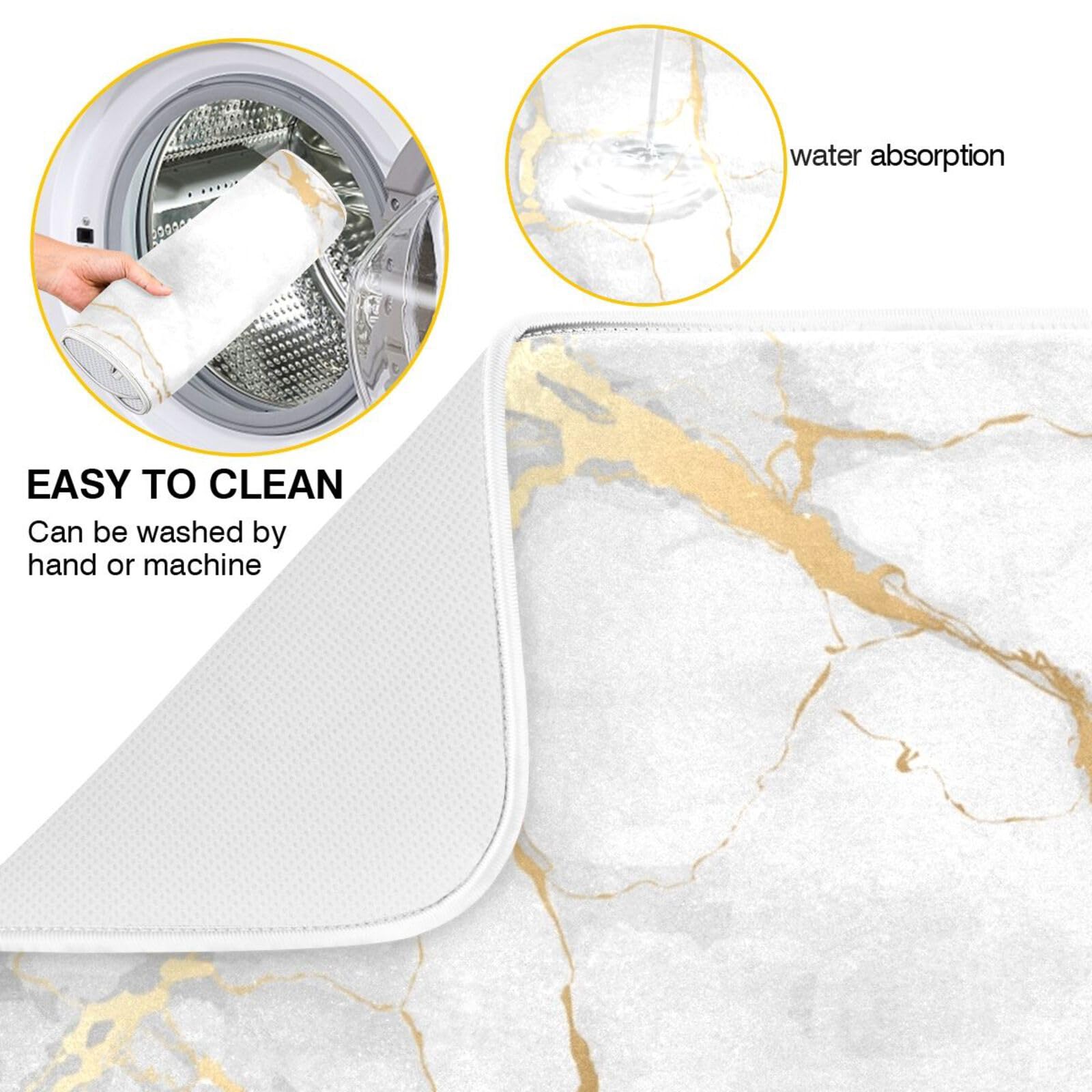 White Gold Marble Texture Dish Drying Mat for Kitchen Counter Absorbent Non-slip Heat Resistant Drainer Mats Reversible Dish Drying Pad Coffee Bar Kitchen Accessories, 18x24 Inch