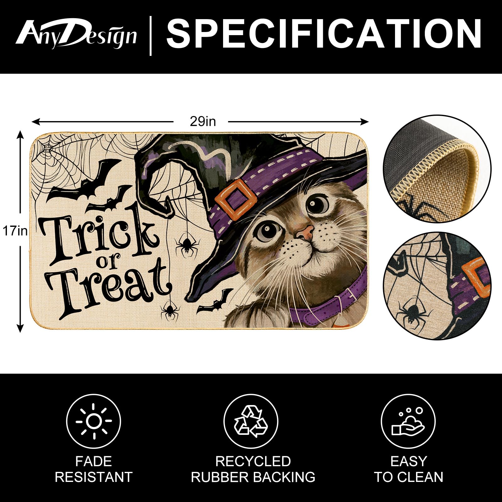 AnyDesign Halloween Cat Welcome Doormat Trick or Treat Party Front Door Mat Rustic Non-Slip Door Rugs Indoor Outdoor Carpet Floor Mat for Farmhouse Home Office Yard Garden Decor, 17 x 29 in