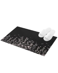 black flower plush rug non slip bath mat, soft shaggy long fur fuzzy bath rugs 16" x 24" vintage floral aesthetic leaves dragonfly carpet mat for bathroom shower home