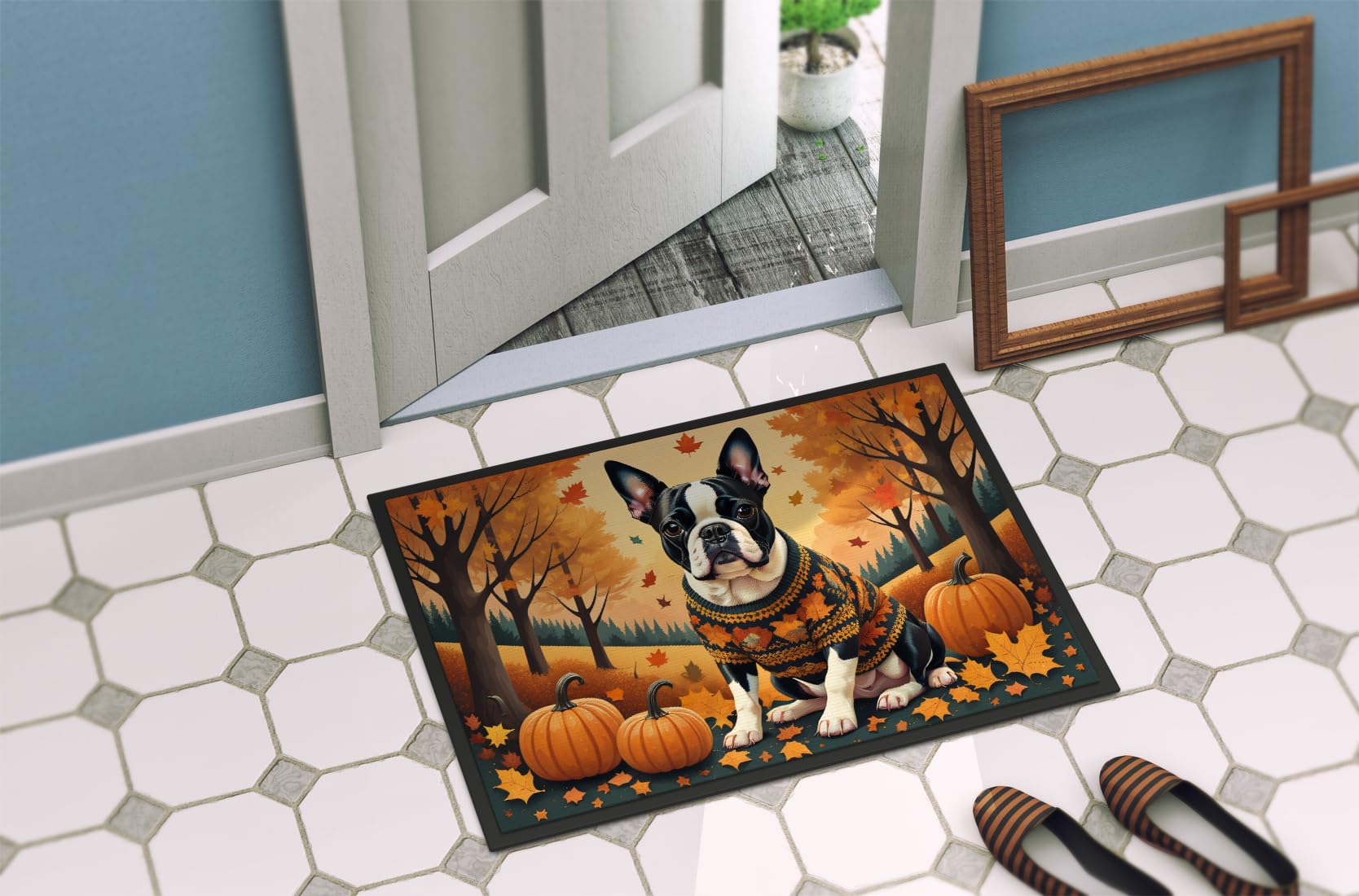 Caroline's Treasures DAC1024MAT Boston Terrier Fall Doormat 18x27 Front Door Mat Indoor Outdoor Rugs for Entryway, Non Slip Washable Low Pile, 18H X 27W