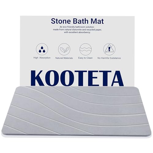 KOOTETA Stone Bath Mat, Diatomaceous Earth Shower Mat, Super Absorbent, Non-Slip, Quick Drying, Easy to Clean - Ideal for Bathroom, Shower Floor, and Kitchen Counter (23.5x15” Light Gray-Wavy Shape)