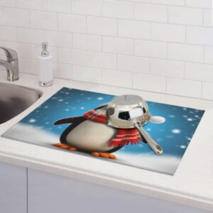 Christmas Funny Penguin Dish Drying Mat for Kitchen 18x24 inch Dish Drying Mats Super Absorbent Drying Mat for Kitchen Counter Drainer Mat Non-slip Coffee Mat Easy to Clean Kitchen Drying Mat