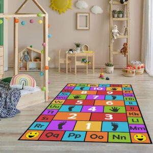 Kid Hopscotch Play Rug, ABC Alphabet Number Educational Carpet, Playroom Classroom Mat Non-Slip Washable (Red 31x47 in)