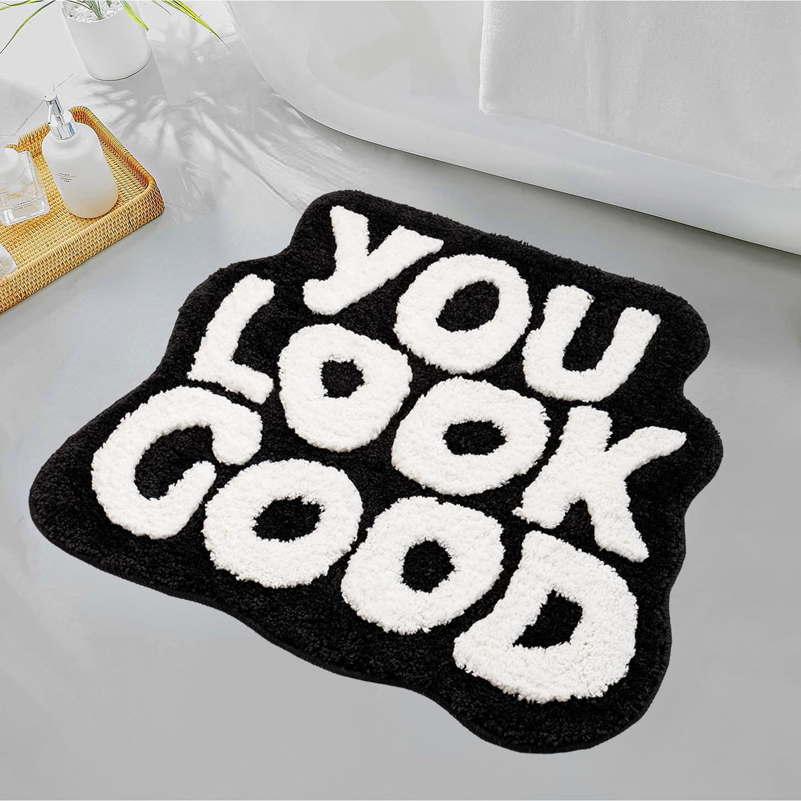 JAYLUN Bath Mat You Look Good Bath Mat Bathroom Rugs Black Bathroom Rug Funny Bathroom Mat Cute Bath Mat Cool Rugs for Bedroom Absorbent Bath Mat Non Slip Mat (Black, 25x21 inch)