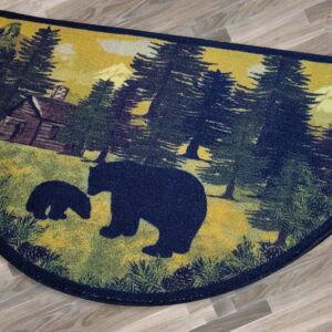 Cozy Floor Mats Hearth Rug for Fireplace, Bear & Cub, Non Slip Kitchen Mat, Green Black Gold Cream, Half Circle, Fire Resistant, Nature, Half Round, Heat Resistant, Cabin Rug (26"x 39")