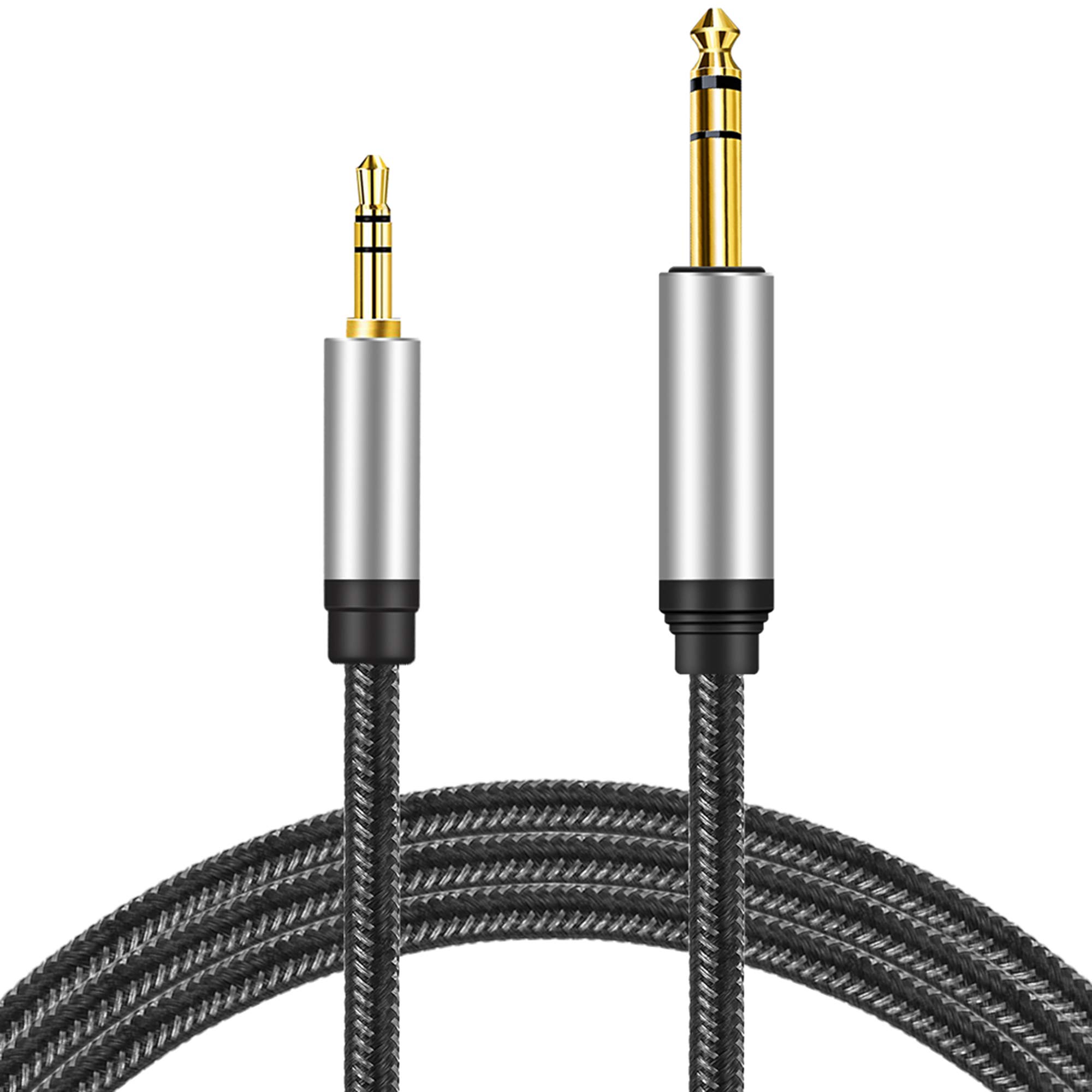 3.5 mm to 6.35 mm Audio Cable 15Ft, Gold-Plated Terminal Silver Color Zinc Alloy Housing 3.5mm 1/8" Male TRS to 6.35mm 1/4" Male TRS Nylon Braided Stereo Audio Cable for Cellphone, Amplifiers(15Ft/5M)