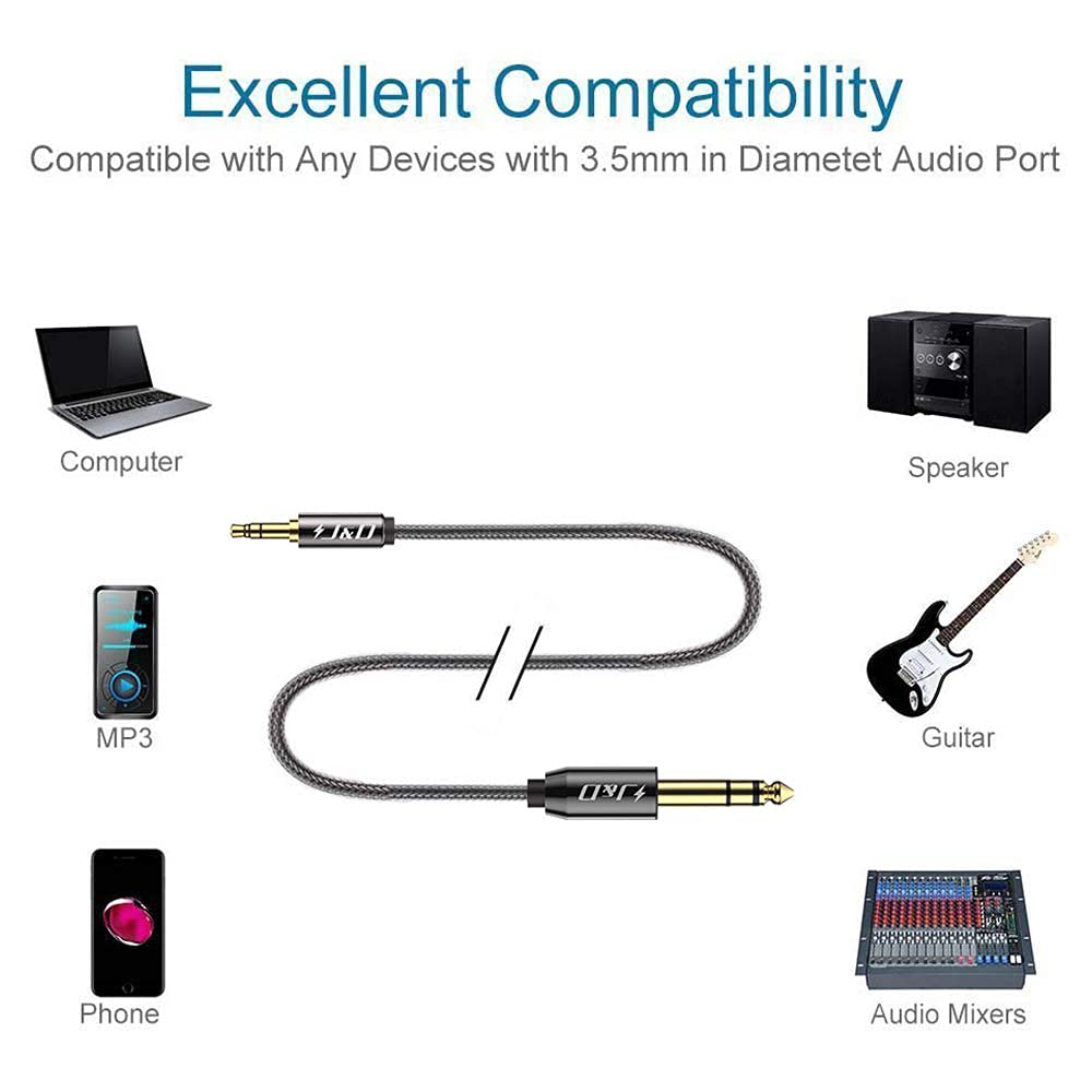 J&D 3.5mm to 6.35mm Stereo Audio Cable, Gold Plated 3.5mm 1/8 inch Male TRS to 6.35mm 1/4 inch Male TRS Copper Shell Cable with Zinc Alloy Housing, Nylon Braid for iPhone, Amplifiers, 15 Feet